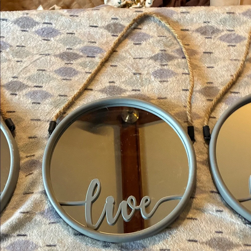 Set of 3 Round Gray Wall Mirror with 'Love Laugh & Live’ Inscription